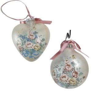 Vintage Floral Heart & Bulb Painted Christmas Ornament Flowers Cottagecore Sheer